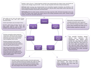 Branding is about soft power. Tentang bagaimana membuat orang mempersepsikan kita sebagai sesuatu yang berbeda dari
                                              orang lain (unik) sehingga orang lain tersebut tertarik dan ingin mengetahui lebih dalam tentang kemampuan kita.

                                              Self-brand adalah seseorang yang mempresentasikan atau menunjukkan kumpulan ketrampilan yang dimilikinya. Self
                                              brang menunjukkan sebuah Big Idea, sebuah sistem kepercayaan, yang jika dilihat orang menjadi sesuatu yang special dan
                                              relevant dengan kemampuan yang memiliki self brand tersebut

                                              Self-branding lebih dari sekedar namamu, identitasmu dan image yang kamu miliki. Self brand menyangkut semua yang
                                              telang kamu lakukan untuk menjadi beda dengan orang lain dan tentang memasarkan dirimu sendiri, misalnya tentang
                                              pesanmu, presentasi diri, dan taktik marketingmu.


Dirimu adalah aset dari “kamu” jadi temukan kekuatan
dan kelebihanyang kamu miliki untuk memulai
menemukan brandmu                                                                                                                                     Minimalisir ketergantungan kita
Temukan tujuan hidupmu yang sesuai dengan “dirimu”.
                                                                                                                                                      terhadap kebutuhan akan organisasi
                                                                                                                                                      kita, berdirilah dengan brandmu sendiri,
Self Brand adalah tentang menemukan Big Idea - your
unique selling proposition (USP). Kamu ingin                                                                                                          hal ini akan membuat kita tetap survive
menggambarkan sesuatu yg spesial dr dirimu yaitu                                                                                                      dalan keadaan organisasi yang sulit
kemampuan yang membedakanmu dari orang lain.




 Branding menunjukkan padamu bagaimana
 menarik pasar. Pikirkan apa reaksi yang kamu
 inginkan dari target market tentang brandmu,                                                                                                            Kita memiliki keunikan, dengan
 dan pikirkan apa yang harus kamu lakukan                                                                                                                pikiran    kita,   kekuatan,     dan
 untuk mendapatkan reaksi tersebut                                                                                                                       pengalaman atau apapun yang
 Branding mengajarimu untuk membuat                                                                                                                      pernah kita yang dapat kita jadikan
 sesuatu brand mungkin dlm bentuk simbol                                                                                                                 aset dlm brand kita. Oleh karena itu
 agar selalu diingat orang lain dan membuatmu                                                                                                            kita harus dapat menonjolkan aset-
 menjadi unggul dl global marketplace                                                                                                                    aset yang kita miliki untuk menarik
 Dgn brand seseorang belajar melihat dirinya
                                                                                                                                                         orang lain mengenal kita lebih dalam
 sendiri sebagai suatu produk dlm kerangka                                                                                                               dan membantu kita untuk mencapai
 kompetitif. Branding adalah proses                                                                                                                      tujuan brand kita.
 membedakan suatu produk dengan produk
 lainnya yaitu kamu dari kompetitor lain serta
 memiliki langkah yg pasti untuk mencapai
 tujuan yg kamu inginkan




                     Buatlah brandmu menjadi bermakna, konsisten pada tujuan                                                   Mulailah melakukan sesuatu yang ingin
                     awal akan membuat brand terus bertahan dari waktu ke waktu.                                               anda lakukan, jika selama ini anda
                     Untuk itu dari awal menciptakan brand temukanlah tujuan                                                   hanya melakukan apa yang orang lain
                     hidup yang menurutmu akan berlangsung sepanjang waktu                                                     inginkan dari diri anda.
                     dan sesuai dengan minat serta bakat yang kamu miliki
 