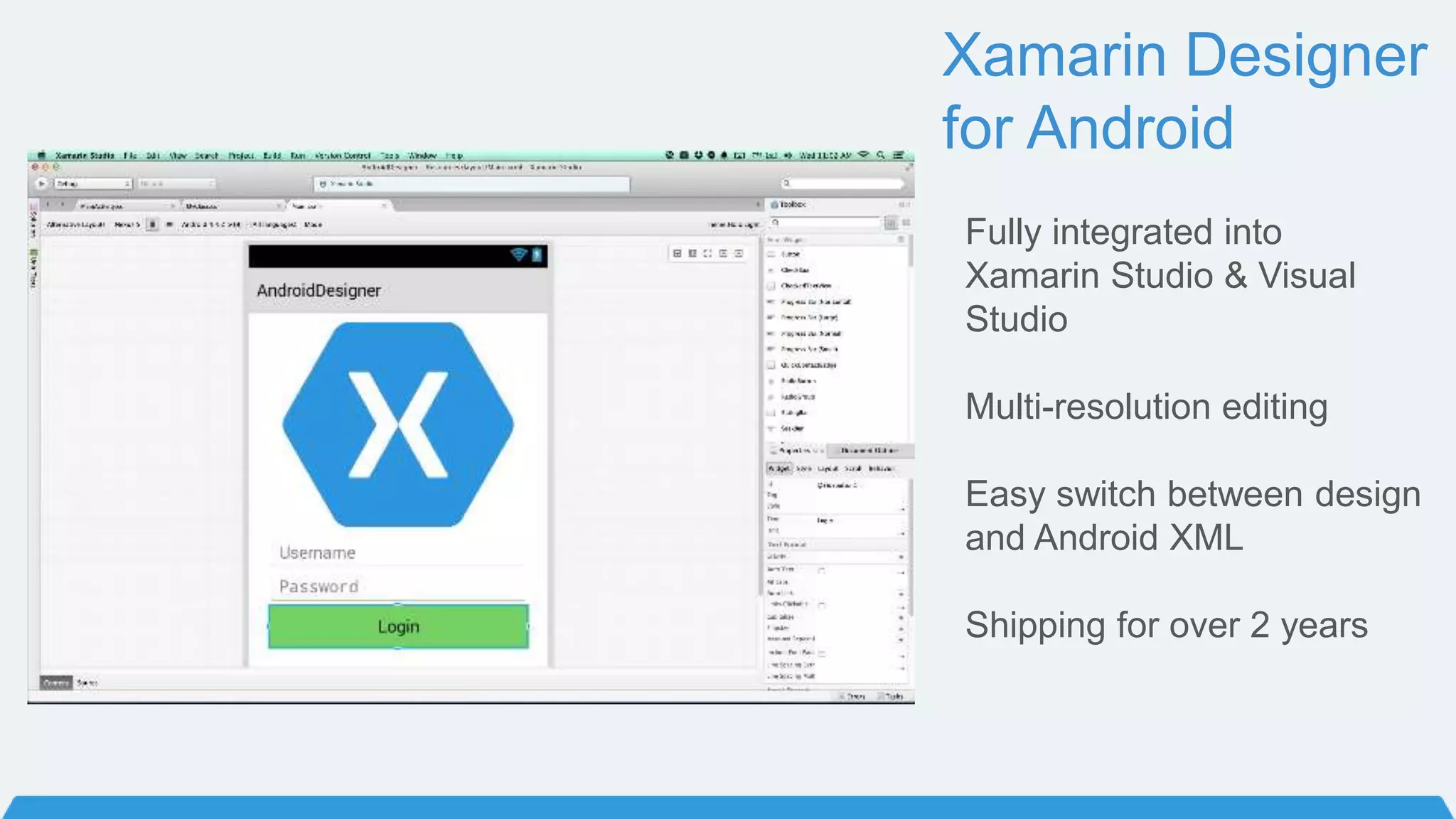 Xamarin Designer
for Android
Fully integrated into
Xamarin Studio & Visual
Studio
Multi-resolution editing
Easy switch between design
and Android XML
Shipping for over 2 years
 