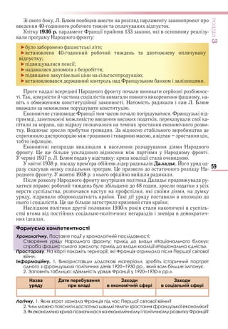 59
ÐÎÇÄІË3
З в в в и
вв и и в и в
1 р. ї и в и в в
в и Н
► и и
►в в и и и и в и в в
в
► ви в и ї
► в
► ви в и
►в в в в в и и и и
в и Н и ви и и
Т и и в ви и в ви и
в и ї Н и и
вв и ив в и и
Е ви ї и в и
и ив вв ви и в в и в ї
и в ви
В и и и З в ви и в
и и и и в в в
Е и ви и и в в и Н
и в и и и Н
в в в в и ї ви
в в и в аладь
в в и и и в Н
в ви и и и
Н в и в в
и в в и и и и и
в в в в и в ї и и
ив и ї и Т ї ви и в и
в и и ви ї и
Н и и ї ви и в и и в
в в в и и и в в в и
и
Формуємо компетентності
Хронологічну. Поставте події у хронологічній послідовності:
Створення уряду Народного фронту; прихід до влади «Національного блоку»;
спроба фашистського заколоту; прихід до влади коаліції «Національна єдність».
Просторову. На карті покажіть території, які Франція отримала після Першої світової
війни.
Інформаційну. 1. Використавши додаткові матеріали, зробіть історичний портрет
одного з французьких політичних діячів 1920–1930 рр., який вам більше імпонує.
2. Заповніть таблицю: «Діяльність урядів Франції у 1920–1930-х рр.».
Назва
уряду
Дати перебування
при владі
Заходи
в економічній сфері
Заходи
в соціальній сфері
Логічну. 1. Яких втрат зазнала Франція під час Першої світової війни?
2. Чим можна пояснити достатньо швидкі темпи зростання французької економіки?
3.ЯкекономічнакризапозначиласянаекономічномуіполітичномурозвиткуФранції?
Формуємо компетентності
Хронологічну. Поставте події у хронологічній послідовності:
Створення уряду Народного фронту; прихід до влади «Національного блоку»;
спроба фашистського заколоту; прихід до влади коаліції «Національна єдність».
Просторову. На карті покажіть території, які Франція отримала після Першої світової
Право для безоплатного розміщення підручника в мережі Інтернет має
Міністерство освіти і науки України http://mon.gov.ua/ та Інститут модернізації змісту освіти https://imzo.gov.ua
 