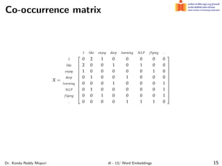 Co-occurrence matrix
Dr. Konda Reddy Mopuri dl - 13/ Word Embeddings 15
 