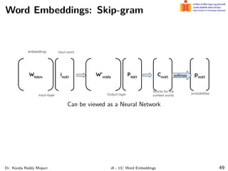Word Embeddings: Skip-gram
Can be viewed as a Neural Network
Dr. Konda Reddy Mopuri dl - 13/ Word Embeddings 49
 