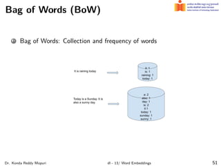 Bag of Words (BoW)
1 Bag of Words: Collection and frequency of words
Dr. Konda Reddy Mopuri dl - 13/ Word Embeddings 51
 