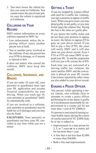 - 89 -
3.	 You must insure the vehicle be-
fore you come to California. You
cannot renew the out-of-state pol-
icy once the vehicle is registered
in California.
Collisions on Your
Record
DMV retains information on every
collision reported to DMV by:
•	 Law enforcement, unless the re-
porting officer states another
person was at fault.
•	 You or another party involved in
the collision, if any one person has
over $750 in damage, or if anyone
is injured or dies.
It does not matter who caused the
collision; DMV must keep this
record.
Collisions, Insurance, and
Minors
If you are under 18 years old, your
parent(s) or guardian(s) must sign
your DL application and assume
financial responsibility for your
driving. When you reach age 18,
your parent(s) or guardian(s)’ liabil-
ity automatically ends.
If you are involved in a collision,
your parent(s) or guardian(s) may be
liable for civil damages and you may
also be fined.
EXCEPTION: Your parent(s) or
guardian(s) can have your DL can-
celled at any time while you are a
minor.
Getting a Ticket
If you are stopped by a peace officer
and cited for a traffic law violation,
you sign a promise to appear in traffic
court. When you go to court, you may
plead guilty or not guilty, or you may
forfeit (pay) the citation fine. Paying
the fine is the same as a guilty plea.
If you ignore the traffic ticket and
do not keep your promise to appear
in court, the failure to appear (FTA)
goes on your driver record. If you
fail to pay a fine (FTP), the court
will notify DMV and it will also
show on your driver record. Even 1
FTA or FTP can cause DMV to sus-
pend your DL. To end the suspension
will cost you a DL reissue fee of $55.
Each time you are convicted of a
moving traffic law violation, the
court notifies DMV and the convic-
tion is placed on your DL record.
Convictions reported by other states
are also added to your driver record.
Evading a Peace Officer
Any person, while operating a mo-
tor vehicle, who willfully flees or
attempts to evade a peace officer
performing his or her duties is guilty
of a misdemeanor punishable by im-
prisonment in a county jail for not
more than 1 year (CVC §2800.1).
If a person is convicted of causing se-
rious bodily injury during the course
of a police pursuit (CVC §2800.3(a)),
he or she is subject to:
•	 Imprisonment in a state prison for
3, 5, or 7 years or in a county jail
for not more than 1 year.
•	 A fine that is not less than $2,000
or more than $10,000.
•	 Both a fine and imprisonment.
 