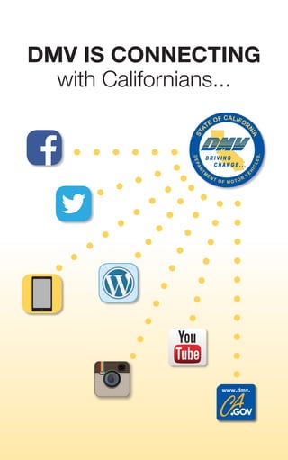 STA
TE OF CALIFOR
NIA
®
DMV IS CONNECTING
with Californians...
www.dmv.
 
