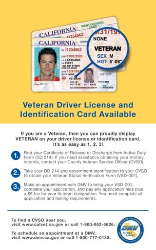 Veteran Driver License and
Identification Card Available
Find your Certificate of Release or Discharge from Active Duty
Form (DD 214). If you need assistance obtaining your military
records, contact your County Veteran Service Officer (CVSO).
Take your DD 214 and government identification to your CVSO
to obtain your Veteran Status Verification Form (VSD-001).
Make an appointment with DMV to bring your VSD-001,
complete your application, and pay any application fees plus
a $5 fee for your Veteran designation. You must complete all
application and testing requirements.
If you are a Veteran, then you can proudly display
VETERAN on your driver license or identification card.
It’s as easy as 1, 2, 3!
3.
2.
1.
®
To find a CVSO near you,
visit www.calvet.ca.gov or call 1-800-952-5626.
To schedule an appointment at a DMV,
visit www.dmv.ca.gov or call 1-800-777-0133.
 