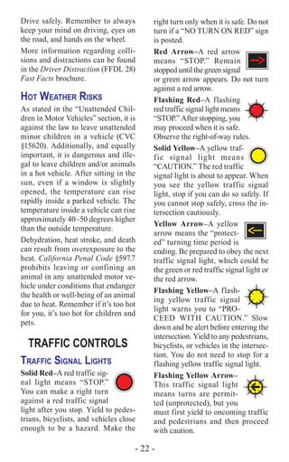 - 22 -
Drive safely. Remember to always
keep your mind on driving, eyes on
the road, and hands on the wheel.
More information regarding colli-
sions and distractions can be found
in the Driver Distraction (FFDL 28)
Fast Facts brochure.
Hot Weather Risks
As stated in the “Unattended Chil-
dren in Motor Vehicles” section, it is
against the law to leave unattended
minor children in a vehicle (CVC
§15620). Additionally, and equally
important, it is dangerous and ille-
gal to leave children and/or animals
in a hot vehicle. After sitting in the
sun, even if a window is slightly
opened, the temperature can rise
rapidly inside a parked vehicle. The
temperature inside a vehicle can rise
approximately 40–50 degrees higher
than the outside temperature.
Dehydration, heat stroke, and death
can result from overexposure to the
heat. California Penal Code §597.7
prohibits leaving or confining an
animal in any unattended motor ve-
hicle under conditions that endanger
the health or well-being of an animal
due to heat. Remember if it’s too hot
for you, it’s too hot for children and
pets.
TRAFFIC CONTROLS
Traffic Signal Lights
Solid Red–A red traffic sig-
nal light means “STOP.”
You can make a right turn
against a red traffic signal
light after you stop. Yield to pedes-
trians, bicyclists, and vehicles close
enough to be a hazard. Make the
right turn only when it is safe. Do not
turn if a “NO TURN ON RED” sign
is posted.
Red Arrow–A red arrow
means “STOP.” Remain
stopped until the green signal
or green arrow appears. Do not turn
against a red arrow.
Flashing Red–A flashing
red traffic signal light means
“STOP.” After stopping, you
may proceed when it is safe.
Observe the right-of-way rules.
Solid Yellow–A yellow traf-
fic signal light means
“CAUTION.” The red traffic
signal light is about to appear. When
you see the yellow traffic signal
light, stop if you can do so safely. If
you cannot stop safely, cross the in-
tersection cautiously.
Yellow Arrow–A yellow
arrow means the “protect-
ed” turning time period is
ending. Be prepared to obey the next
traffic signal light, which could be
the green or red traffic signal light or
the red arrow.
Flashing Yellow–A flash-
ing yellow traffic signal
light warns you to “PRO-
CEED WITH CAUTION.” Slow
down and be alert before entering the
intersection. Yield to any pedestrians,
bicyclists, or vehicles in the intersec-
tion. You do not need to stop for a
flashing yellow traffic signal light.
Flashing Yellow Arrow–
This traffic signal light
means turns are permit-
ted (unprotected), but you
must first yield to oncoming traffic
and pedestrians and then proceed
with caution.
 