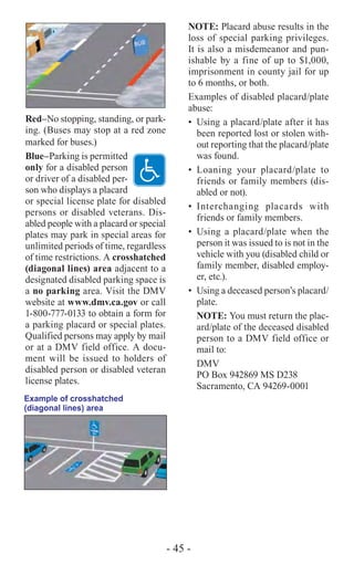 - 45 -
Red–No stopping, standing, or park-
ing. (Buses may stop at a red zone
marked for buses.)
Blue–Parking is permitted
only for a disabled person
or driver of a disabled per-
son who displays a placard
or special license plate for disabled
persons or disabled veterans. Dis-
abled people with a placard or special
plates may park in special areas for
unlimited periods of time, regardless
of time restrictions. A crosshatched
(diagonal lines) area adjacent to a
designated disabled parking space is
a no parking area. Visit the DMV
website at www.dmv.ca.gov or call
1-800-777-0133 to obtain a form for
a parking placard or special plates.
Qualified persons may apply by mail
or at a DMV field office. A docu-
ment will be issued to holders of
disabled person or disabled veteran
license plates.
Example of crosshatched
(diagonal lines) area
NOTE: Placard abuse results in the
loss of special parking privileges.
It is also a misdemeanor and pun-
ishable by a fine of up to $1,000,
imprisonment in county jail for up
to 6 months, or both.
Examples of disabled placard/plate
abuse:
•	 Using a placard/plate after it has
been reported lost or stolen with-
out reporting that the placard/plate
was found.
•	Loaning your placard/plate to
friends or family members (dis-
abled or not).
•	Interchanging placards with
friends or family members.
•	Using a placard/plate when the
person it was issued to is not in the
vehicle with you (disabled child or
family member, disabled employ-
er, etc.).
•	 Using a deceased person’s placard/
plate.
NOTE: You must return the plac-
ard/plate of the deceased disabled
person to a DMV field office or
mail to:
DMV
PO Box 942869 MS D238
Sacramento, CA 94269-0001
 