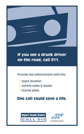 Provide law enforcement with the:
exact location
vehicle make & model
license plate
One call could save a life.
If you see a drunk driver
on the road, call 911.
 