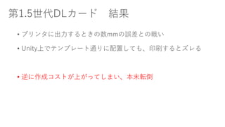 第1.5世代DLカード 結果
• プリンタに出力するときの数mmの誤差との戦い
• Unity上でテンプレート通りに配置しても、印刷するとズレる
• 逆に作成コストが上がってしまい、本末転倒
 