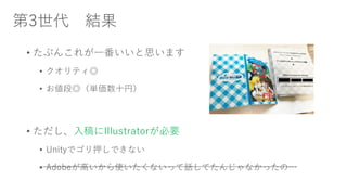 第3世代 結果
• たぶんこれが一番いいと思います
• クオリティ◎
• お値段◎（単価数十円）
• ただし、入稿にIllustratorが必要
• Unityでゴリ押しできない
• Adobeが高いから使いたくないって話してたんじゃなかったの…
 