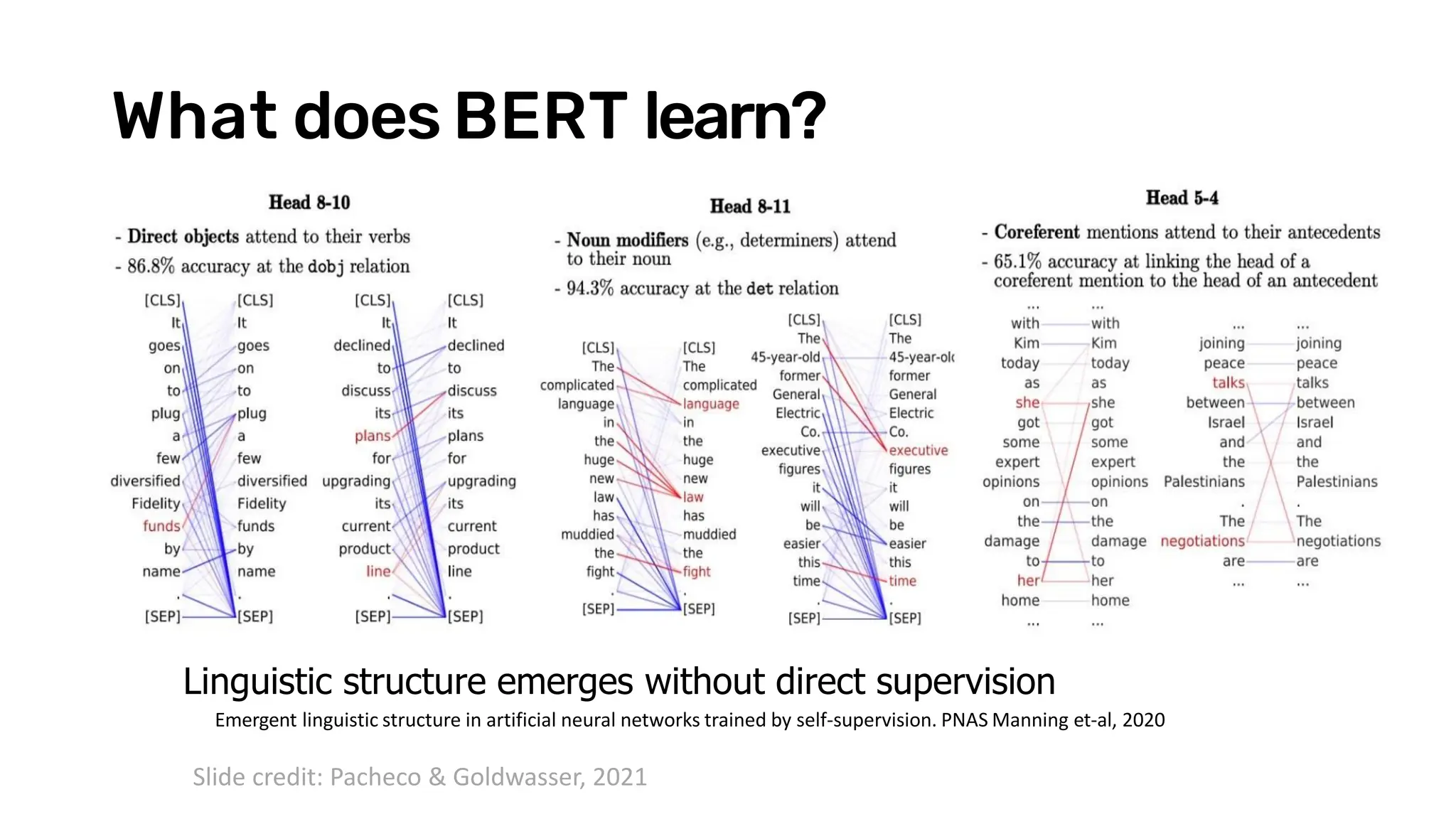 What does BERT learn?
Emergent linguistic structure in artificial neural networks trained by self-supervision. PNAS Manning et-al, 2020
Linguistic structure emerges without direct supervision
Slide credit: Pacheco & Goldwasser, 2021
 