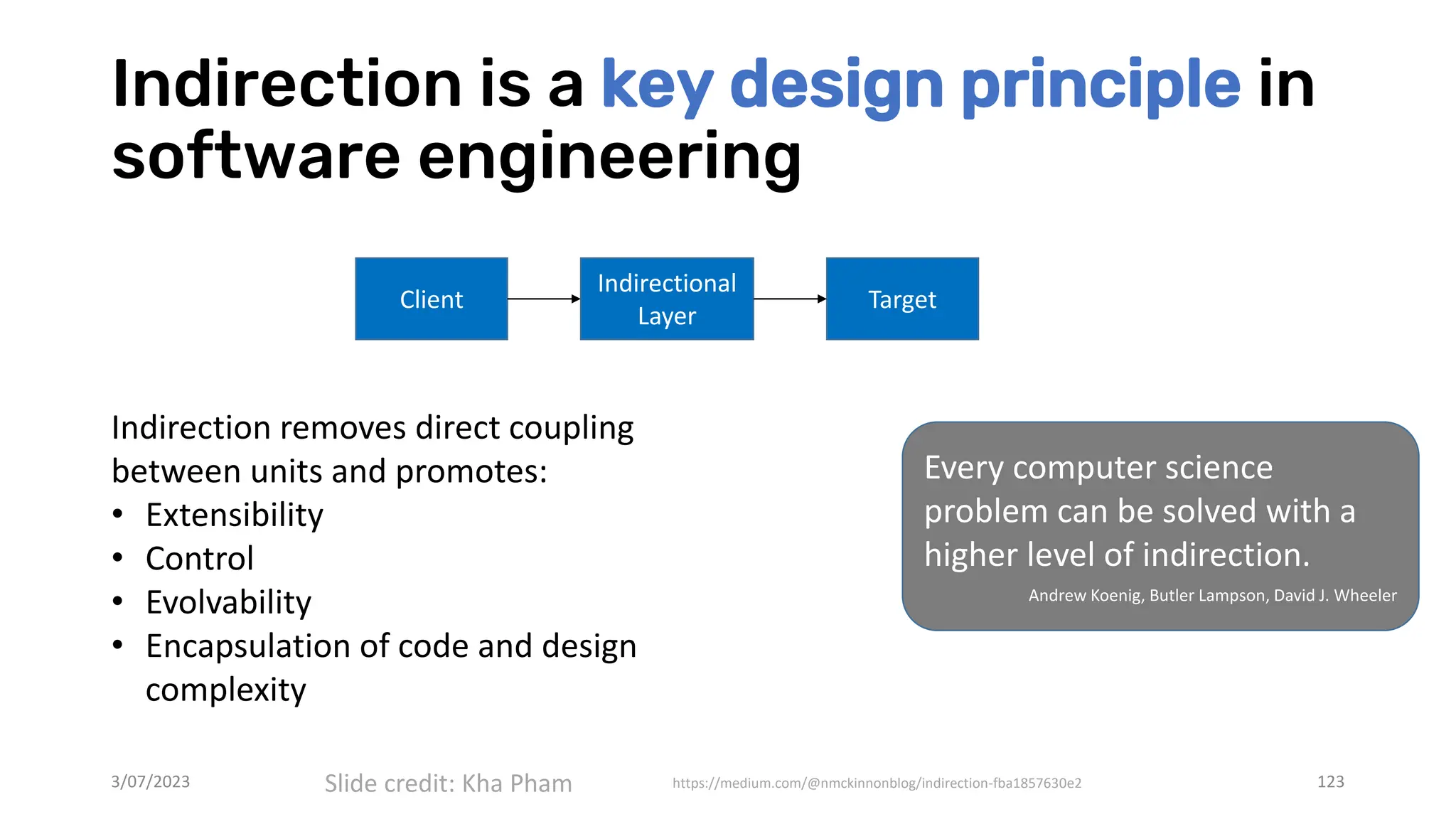 Indirection is a key design principle in
software engineering
3/07/2023 123
Client
Indirectional
Layer
Target
https://medium.com/@nmckinnonblog/indirection-fba1857630e2
Indirection removes direct coupling
between units and promotes:
• Extensibility
• Control
• Evolvability
• Encapsulation of code and design
complexity
Every computer science
problem can be solved with a
higher level of indirection.
Andrew Koenig, Butler Lampson, David J. Wheeler
Slide credit: Kha Pham
 