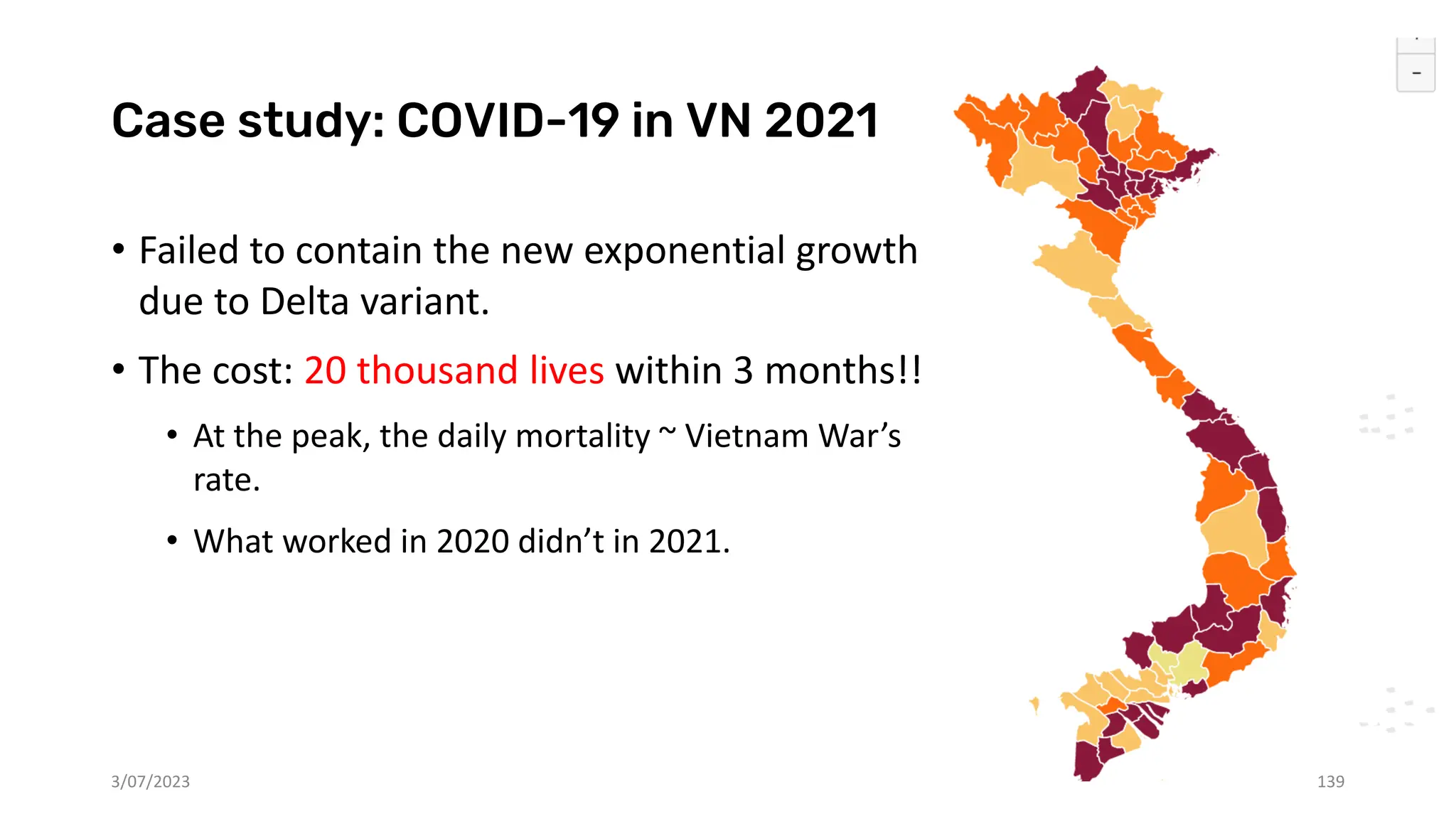 Case study: COVID-19 in VN 2021
• Failed to contain the new exponential growth
due to Delta variant.
• The cost: 20 thousand lives within 3 months!!
• At the peak, the daily mortality ~ Vietnam War’s
rate.
• What worked in 2020 didn’t in 2021.
3/07/2023 139
 