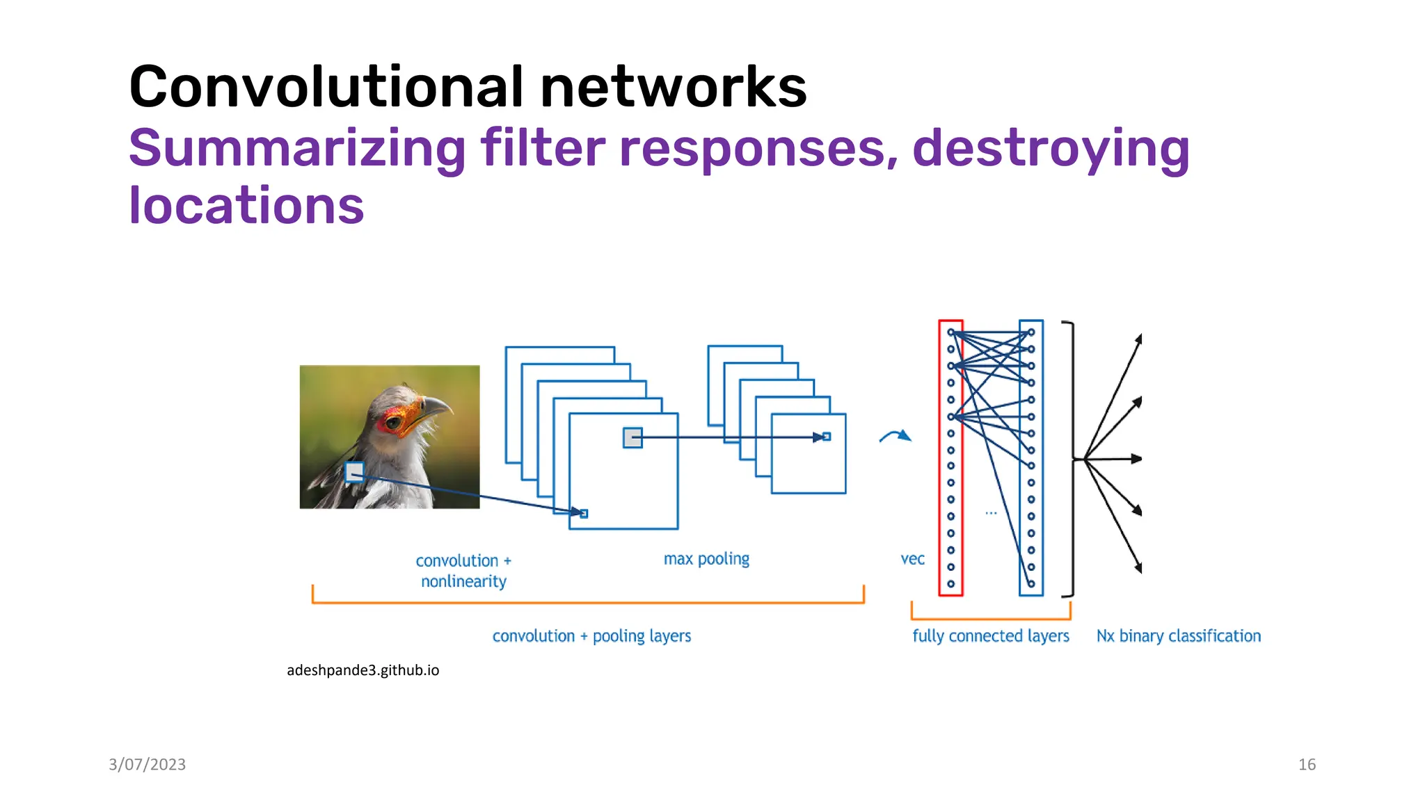 Convolutional networks
Summarizing filter responses, destroying
locations
adeshpande3.github.io
3/07/2023 16
 