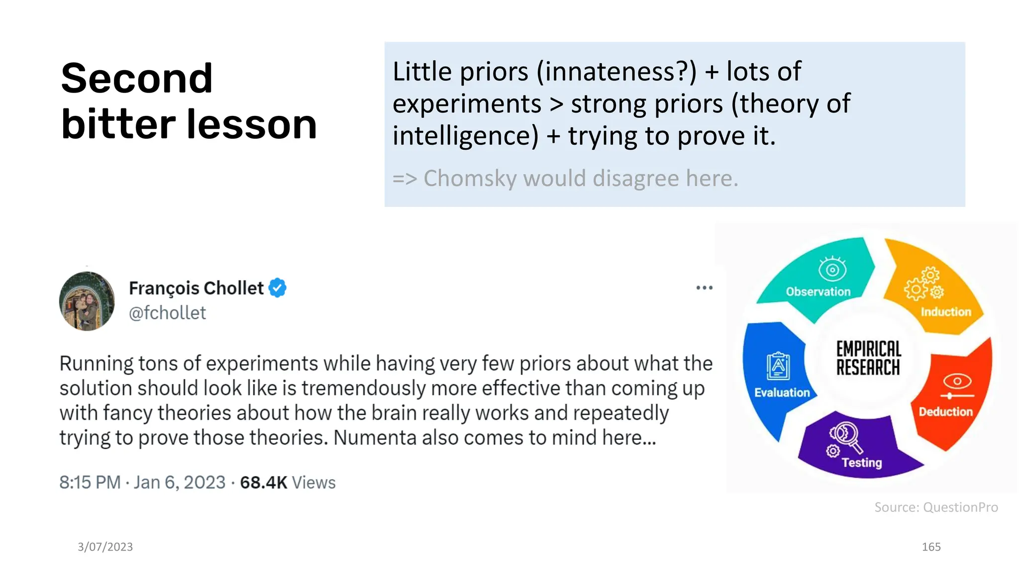 Second
bitter lesson
Little priors (innateness?) + lots of
experiments > strong priors (theory of
intelligence) + trying to prove it.
=> Chomsky would disagree here.
3/07/2023 165
Source: QuestionPro
 