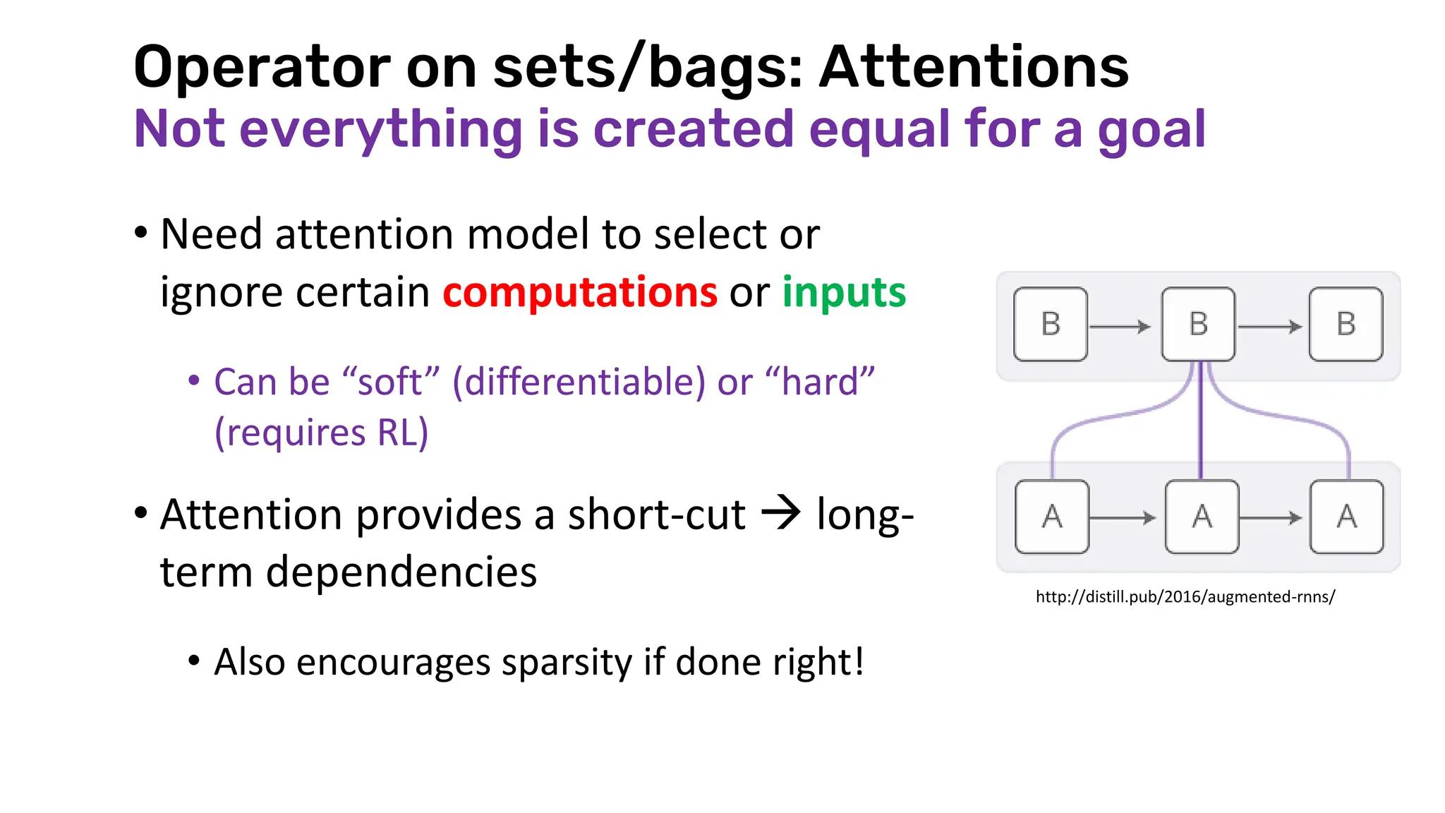 Operator on sets/bags: Attentions
Not everything is created equal for a goal
• Need attention model to select or
ignore certain computations or inputs
• Can be “soft” (differentiable) or “hard”
(requires RL)
• Attention provides a short-cut → long-
term dependencies
• Also encourages sparsity if done right!
http://distill.pub/2016/augmented-rnns/
 