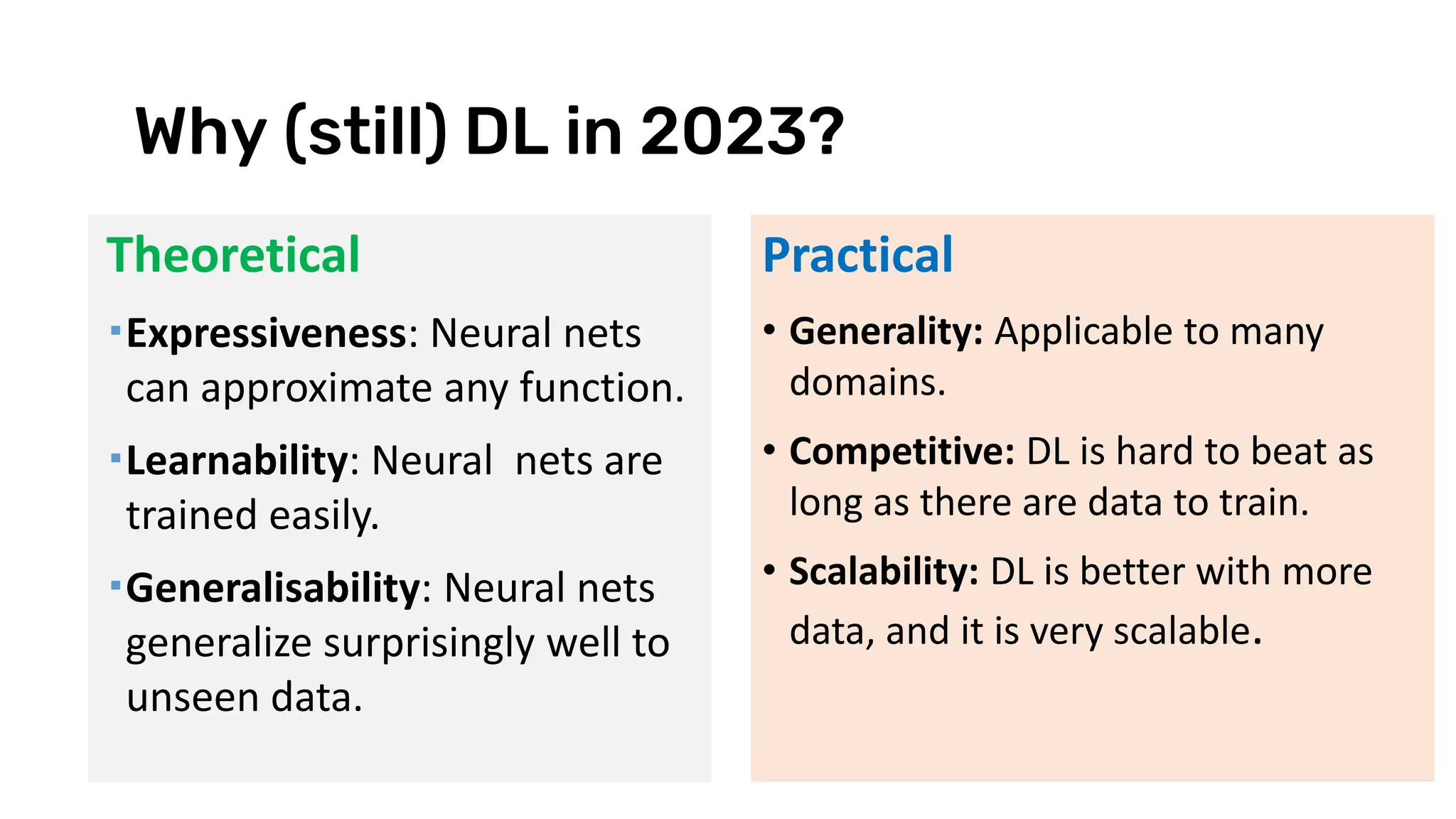 Why (still) DL in 2023?
Practical
• Generality: Applicable to many
domains.
• Competitive: DL is hard to beat as
long as there are data to train.
• Scalability: DL is better with more
data, and it is very scalable.
Theoretical
Expressiveness: Neural nets
can approximate any function.
Learnability: Neural nets are
trained easily.
Generalisability: Neural nets
generalize surprisingly well to
unseen data.
 