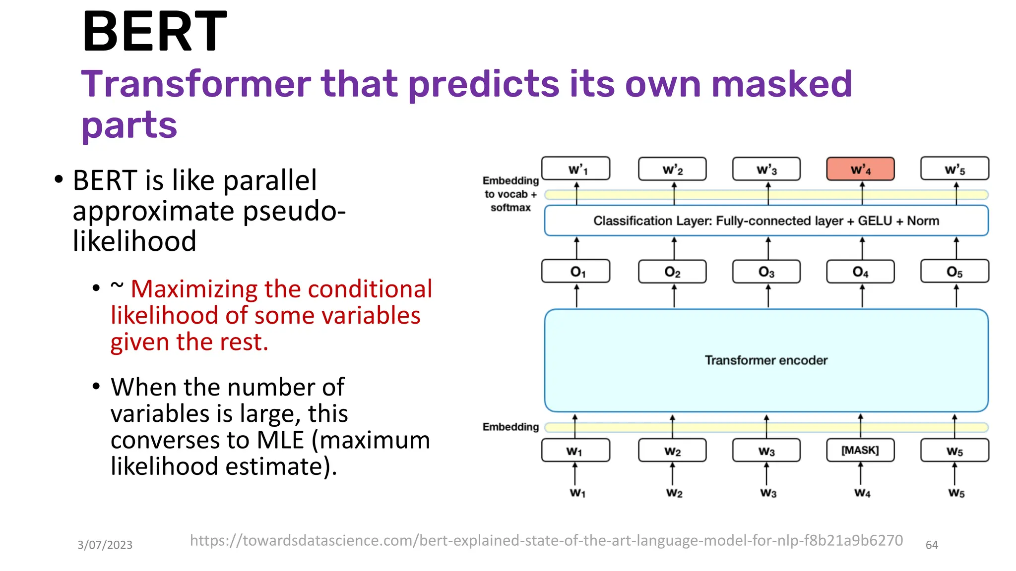 BERT
Transformer that predicts its own masked
parts
• BERT is like parallel
approximate pseudo-
likelihood
• ~ Maximizing the conditional
likelihood of some variables
given the rest.
• When the number of
variables is large, this
converses to MLE (maximum
likelihood estimate).
3/07/2023 64
https://towardsdatascience.com/bert-explained-state-of-the-art-language-model-for-nlp-f8b21a9b6270
 