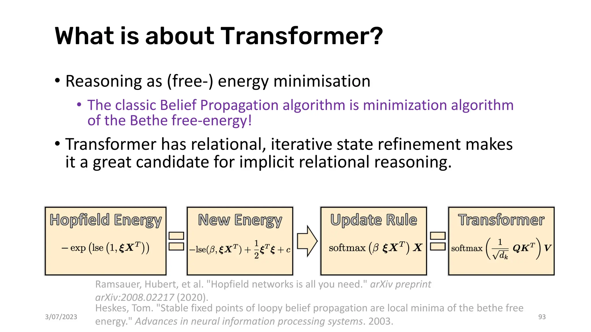 What is about Transformer?
• Reasoning as (free-) energy minimisation
• The classic Belief Propagation algorithm is minimization algorithm
of the Bethe free-energy!
• Transformer has relational, iterative state refinement makes
it a great candidate for implicit relational reasoning.
3/07/2023 93
Heskes, Tom. "Stable fixed points of loopy belief propagation are local minima of the bethe free
energy." Advances in neural information processing systems. 2003.
Ramsauer, Hubert, et al. "Hopfield networks is all you need." arXiv preprint
arXiv:2008.02217 (2020).
 