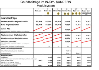Grundbeiträge im INJOY- SUNDERN
                                                                           Modulsystem
                                                                                                   1              3             6              12            24              36
                                                                                                Test-Abo      Probe-Abo     Winter-Abo     Normal-Abo     Spar-Abo       Super-Spar-
                                                                                                                                                                        nur mit Zusatzvereinbarung oder
                                                                                                                                                                        bei Mitgliedschaftsverlängerung
                                                                                                                                                                                    möglich




Grundbeiträge
  Fitness.- Geräte- Mitgliedschaften                                                             95,00 €       85,00 €        80,00 €        70,00 €         60,00 €                  50,00 €

  Kurs- Mitgliedschaften                                                                         95,00 €       85,00 €        80,00 €        70,00 €         60,00 €                  50,00 €

 Junior Abo
                                                                                                                                             50,00 €
 Juniorabo bis 25 Jahre, AZUBI, Vollzeitstudenten, Trainingszeit bis 18:00 Uhr, keine Partner
vergünstigungen



 Rückenzentrum Mitgliedschaften                                                                                                              80,00 €         70,00 €                  55,00 €

  Abnehmzentrum Mitgliedschaften                                                                                                             80,00 €         70,00 €                  55,00 €

  Zentrum-Juniorabo                                                                                                                          65,00 €
 Juniorabo bis 25 Jahre, AZUBI, Vollzeitstudenten, Trainingszeit bis 18:00 Uhr, keine Partner
vergünstigungen


 Aktions- Gruppen- Rentnerrabatt 2010, außer Juniorabo                                                             5%             5%             8%          10%

  Reha- Grundmöglichkeiten
 Wirtschaftlichkeitszuschuss inkl. Zusatzkurs                                                                                                  19,00 €
 Geräteoptimierung                                                                                                                             24,00 €       24,00 €
  Modulsysteme
 Getränkeabo                                                                                                      20,00 €        15,00 €        10,00 €        8,00 €                      8,00 €
 (trink Mineralgetränke soviel du möchtest, inkl. Ermäßigung bei Eiweiß und Massagen)
 Sauna (so oft du magst)                                                                            15,00 €       12,00 €        10,00 €         8,00 €        6,00 €                     4,00 €
 Solarium (1x pro Tag max 15min.)                                                                                 30,00 €        25,00 €        20,00 €       15,00 €                    15,00 €
 Polar Trainingsbetreuungsmodul FT40                                                                                             22,00 €        11,00 €        5,50 €
 Body MIHA-Tec (1x pro Woche)                                                                      100,00 €       90,00 €        80,00 €        70,00 €       60,00 €                    45,00 €
 