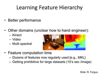 Learning Feature Hierarchy
• Better performance
• Other domains (unclear how to hand engineer):
– Kinect
– Video
– Multi spectral
• Feature computation time
– Dozens of features now regularly used [e.g., MKL]
– Getting prohibitive for large datasets (10’s sec /image)
Slide: R. Fergus
 