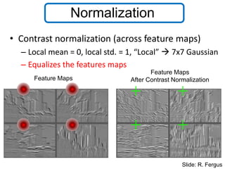 Normalization
• Contrast normalization (across feature maps)
– Local mean = 0, local std. = 1, “Local”  7x7 Gaussian
– Equalizes the features maps
Feature Maps
Feature Maps
After Contrast Normalization
Slide: R. Fergus
 