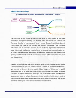 DERECHO LABORAL 2
Introducción al Tema
¿Cuáles son los aspectos generales del Derecho del Trabajo?
La autonomía de las ramas del Derecho se debe en gran medida a sus leyes
respectivas, a la jurisprudencia y a la doctrina, todas ellas constituyen a su vez las
fuente del Derecho, es decir, de donde surge o emana. Conocer la Legislación Laboral
como fuente del Derecho del Trabajo nos permitirá comprender, que problema
relacionado con las relaciones laborales, buscó resolver el legislador al momento de
crear determinada Ley Laboral, o cuales fueron los factores históricos relacionados con
el trabajo, que determinaron la existencia de esa norma. A medida de que una ley surge
para regular determinada conducta las ramas del derecho fortalecen su autonomía, más
con el surgimiento
Existen casos en donde la Ley de una rama del Derecho no es competente para regular
un caso concreto, por lo que se tiene que recurrir a normas de otras áreas del Derecho,
por ejemplo, si derivado de una relación laboral surge un delito, este no podrá
investigarse a la luz de la Ley del Trabajo y más aún no podrán conocer los Tribunales
Laborales de la conducta delictiva, por lo que será necesario recurrir al Derecho Penal
para que sea la que se aplique al caso concreto. Así también, el patrón deberá acudir a
las normas de Derecho Fiscal para determinar el porcentaje de impuestos que deberá
de retener al trabajador como consecuencia de su relación laboral.
.
 