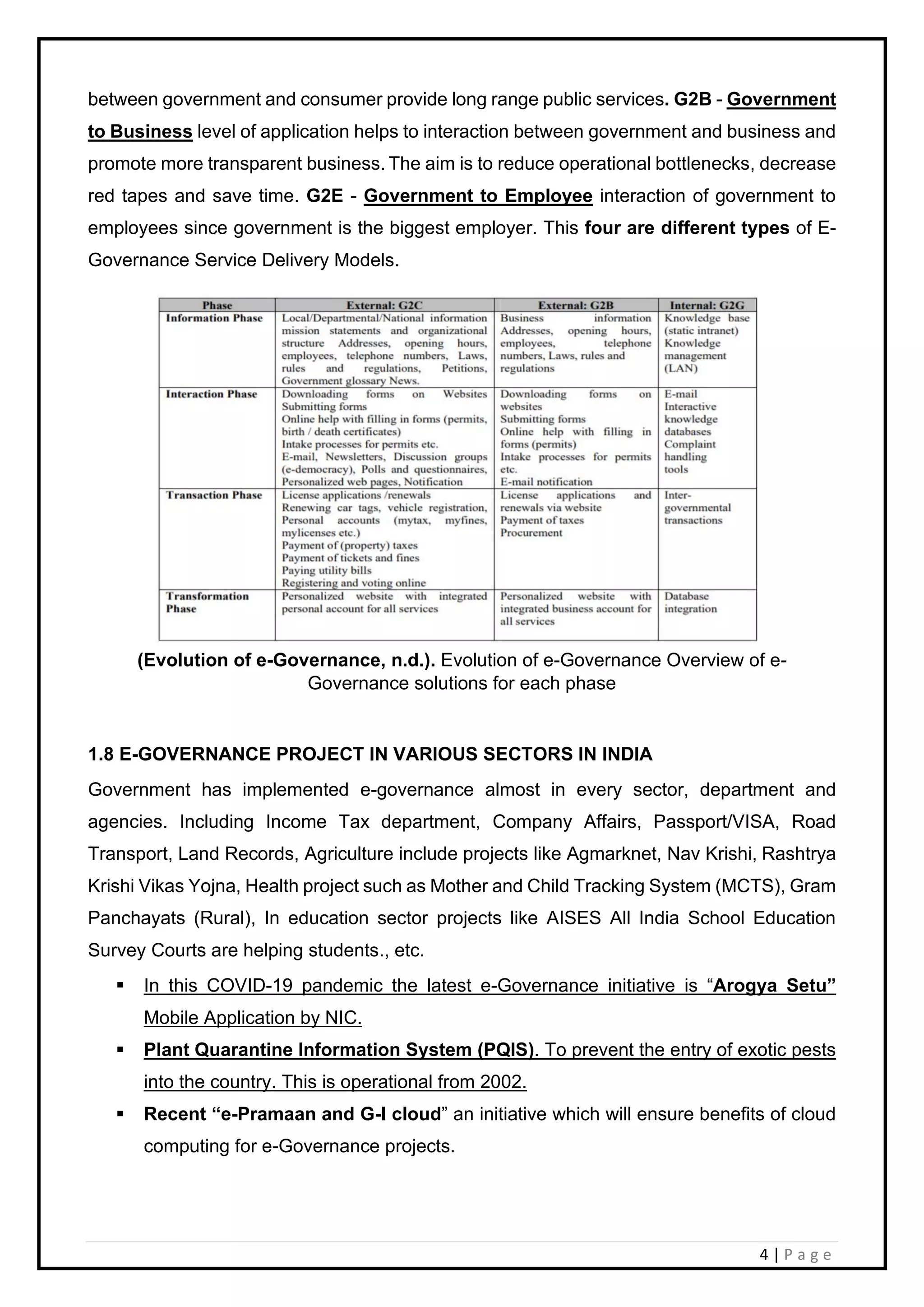 4 | P a g e
between government and consumer provide long range public services. G2B - Government
to Business level of application helps to interaction between government and business and
promote more transparent business. The aim is to reduce operational bottlenecks, decrease
red tapes and save time. G2E - Government to Employee interaction of government to
employees since government is the biggest employer. This four are different types of E-
Governance Service Delivery Models.
(Evolution of e-Governance, n.d.). Evolution of e-Governance Overview of e-
Governance solutions for each phase
1.8 E-GOVERNANCE PROJECT IN VARIOUS SECTORS IN INDIA
Government has implemented e-governance almost in every sector, department and
agencies. Including Income Tax department, Company Affairs, Passport/VISA, Road
Transport, Land Records, Agriculture include projects like Agmarknet, Nav Krishi, Rashtrya
Krishi Vikas Yojna, Health project such as Mother and Child Tracking System (MCTS), Gram
Panchayats (Rural), In education sector projects like AISES All India School Education
Survey Courts are helping students., etc.
▪ In this COVID-19 pandemic the latest e-Governance initiative is “Arogya Setu”
Mobile Application by NIC.
▪ Plant Quarantine Information System (PQIS). To prevent the entry of exotic pests
into the country. This is operational from 2002.
▪ Recent “e-Pramaan and G-I cloud” an initiative which will ensure benefits of cloud
computing for e-Governance projects.
 
