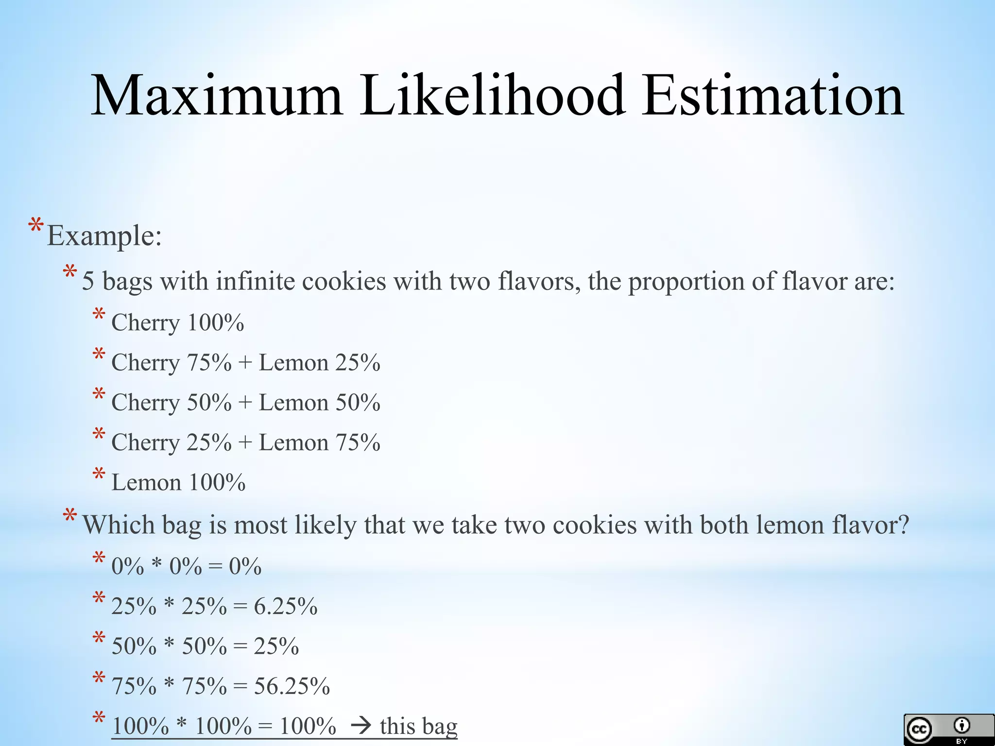 *Example: *5 bags with infinite cookies with two flavors, the proportion of flavor are: *Cherry 100% *Cherry 75% + Lemon 25% *Cherry 50% + Lemon 50% *Cherry 25% + Lemon 75% *Lemon 100% *Which bag is most likely that we take two cookies with both lemon flavor? *0% * 0% = 0% *25% * 25% = 6.25% *50% * 50% = 25% *75% * 75% = 56.25% *100% * 100% = 100%  this bag Maximum Likelihood Estimation 