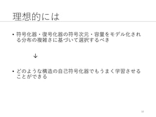 理想的には
• 符号化器・復号化器の符号次元・容量をモデル化され
る分布の複雑さに基づいて選択するべき
↓
• どのような構造の⾃⼰符号化器でもうまく学習させる
ことができる
10
 