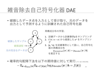 雑⾳除去⾃⼰符号化器 DAE
• 破損したデータ点を⼊⼒として受け取り，元のデータを
出⼒として予測するように訓練された⾃⼰符号化器
• 確率的勾配降下法を以下の期待値に対して実⾏しているとみなせる
20
破損したサンプル
元の完全なデータ点
破損過程
再構成分布の学習:
1. 訓練データから訓練事例xをサンプリング
2. から破損した x~	をサンプリン
グ
3. (x,	~x)		を訓練事例として扱い，⾃⼰符号化
器の再構成分布
を推定する
 