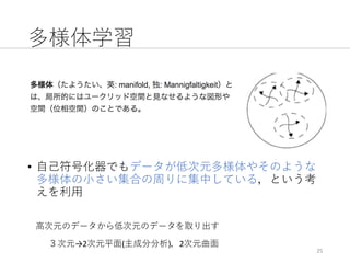 多様体学習
25
• ⾃⼰符号化器でもデータが低次元多様体やそのような
多様体の⼩さい集合の周りに集中している，という考
えを利⽤
⾼次元のデータから低次元のデータを取り出す
３次元→2次元平⾯(主成分分析)，2次元曲⾯
 