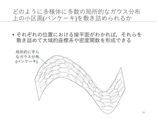 どのように多様体に多数の局所的なガウス分布
上の⼩区画(パンケーキ)を敷き詰められるか
• それぞれの位置における接平⾯がわかれば，それらを
敷き詰めて⼤域的座標系や密度関数を形成できる
28
局所的に平ら
なガウス分布
(パンケーキ)
 