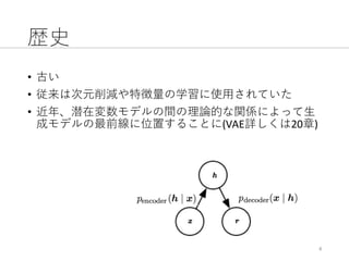 歴史
• 古い
• 従来は次元削減や特徴量の学習に使⽤されていた
• 近年、潜在変数モデルの間の理論的な関係によって⽣
成モデルの最前線に位置することに(VAE詳しくは20章)
4
 