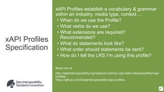 xAPI Profiles
Specification
xAPI Profiles establish a vocabulary & grammar
within an industry, media type, context …
• When do we use the Profile?
• What verbs do we use?
• What extensions are required?
Recommended?
• What do statements look like?
• What order should statements be sent?
• How do I tell the LRS I’m using this profile?
More info at:
http://datainteroperability.org/research-activity-xapi-data-interoperability/xapi-
profiles/
https://github.com/DataInteroperability/xapi-profiles
 
