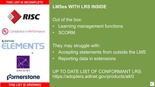 LMSes WITH LRS INSIDE
Out of the box:
• Learning management functions
• SCORM
They may struggle with:
• Accepting statements from outside the LMS
• Reporting data in extensions
UP TO DATE LIST OF CONFORMANT LRS:
https://adopters.adlnet.gov/products/all/0
THIS LIST IS INCOMPLETE
THIS LIST IS GROWING
 