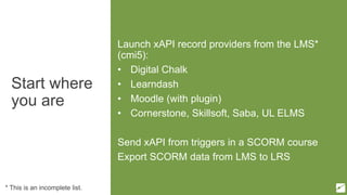 Start where
you are
Launch xAPI record providers from the LMS*
(cmi5):
• Digital Chalk
• Learndash
• Moodle (with plugin)
• Cornerstone, Skillsoft, Saba, UL ELMS
Send xAPI from triggers in a SCORM course
Export SCORM data from LMS to LRS
* This is an incomplete list.
 