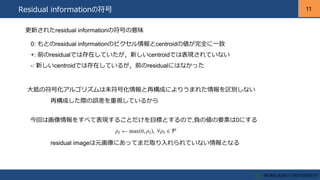 11
11Residual informationの符号
更新されたresidual informationの符号の意味
0: もとのresidual informationのピクセル情報とcentroidの値が完全に一致
+: 前のresidualでは存在していたが，新しいcentroidでは表現されていない
-: 新しいcentroidでは存在しているが，前のresidualにはなかった
大抵の符号化アルゴリズムは未符号化情報と再構成によりうまれた情報を区別しない
再構成した際の誤差を重視しているから
今回は画像情報をすべて表現することだけを目標とするので,負の値の要素は0にする
residual imageは元画像にあってまだ取り入れられていない情報となる
 