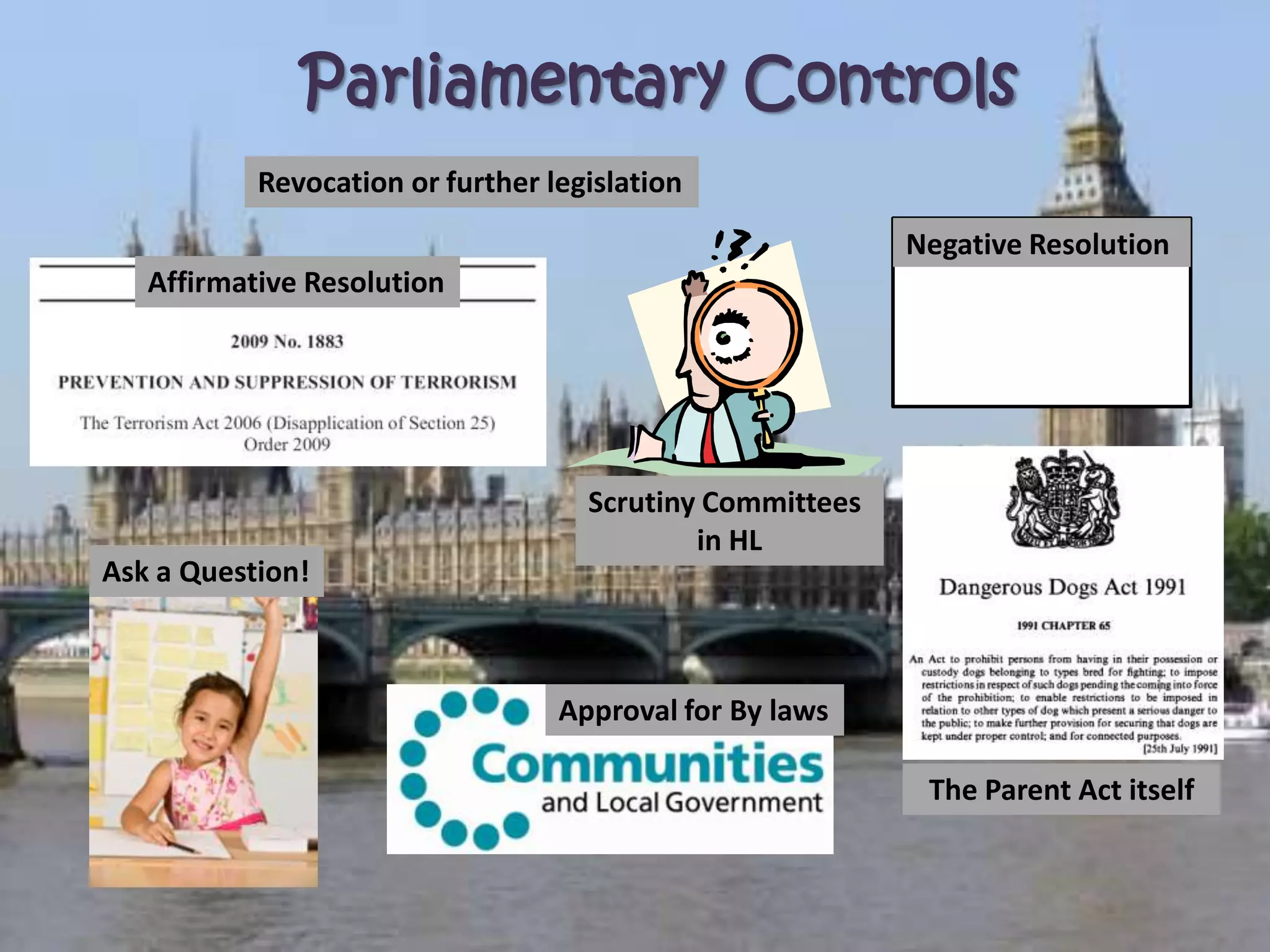 Parliamentary Controls
Ask a Question!
Affirmative Resolution
Negative Resolution
Scrutiny Committees
in HL
The Parent Act itself
Approval for By laws
Revocation or further legislation
 