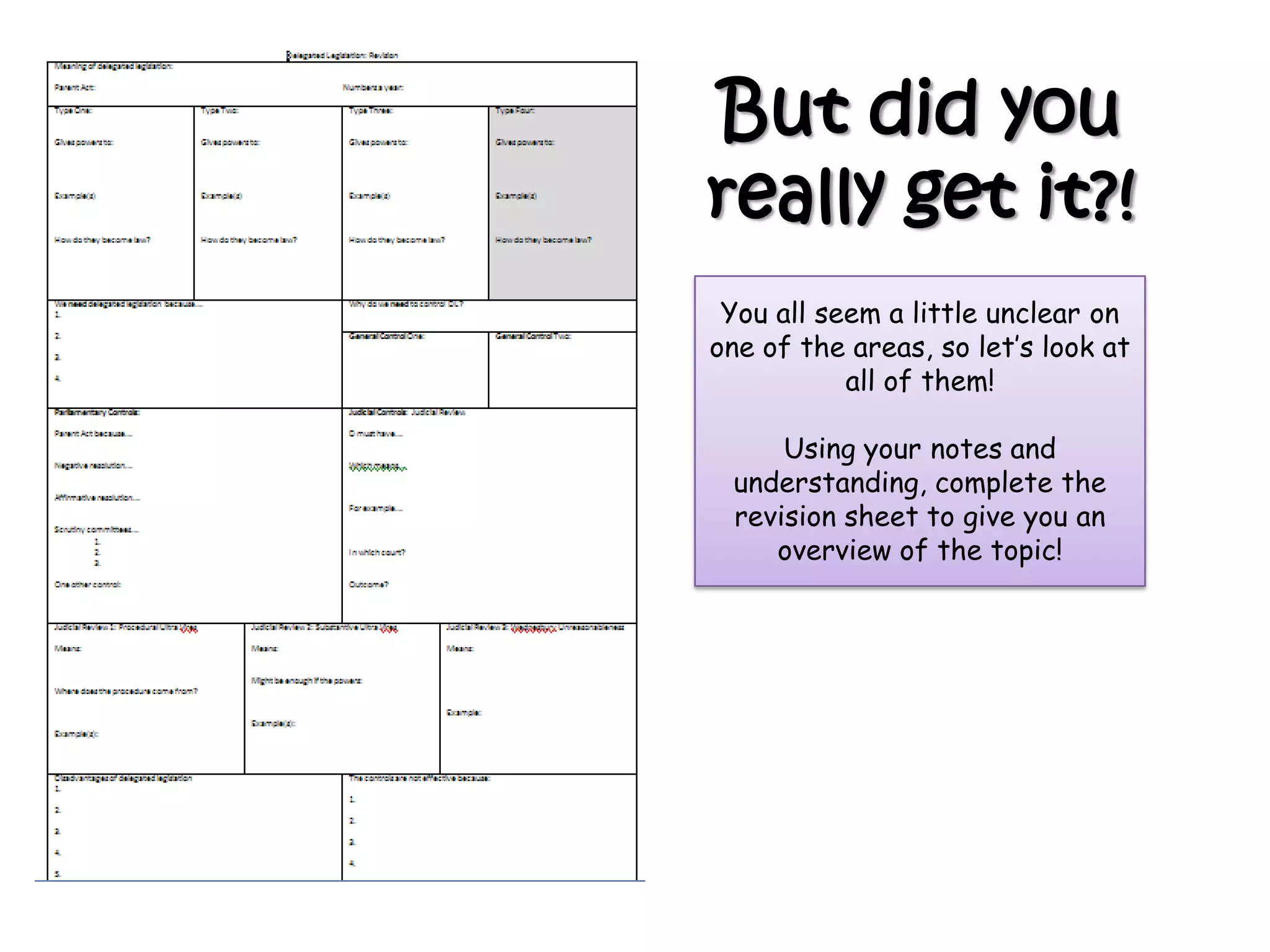 But did you
really get it?!
You all seem a little unclear on
one of the areas, so let’s look at
all of them!
Using your notes and
understanding, complete the
revision sheet to give you an
overview of the topic!
 