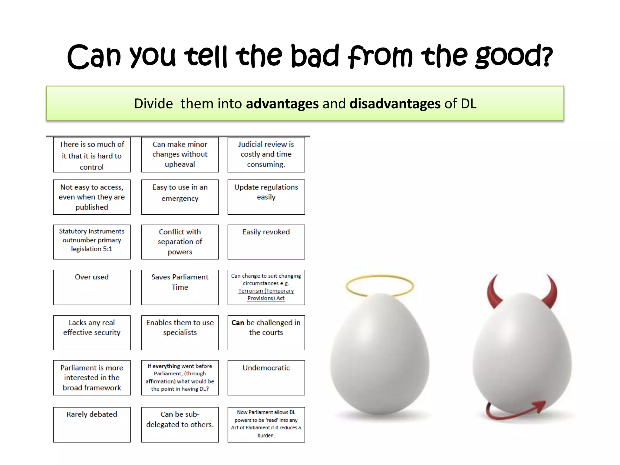 Can you tell the bad from the good?
Divide them into advantages and disadvantages of DL
 