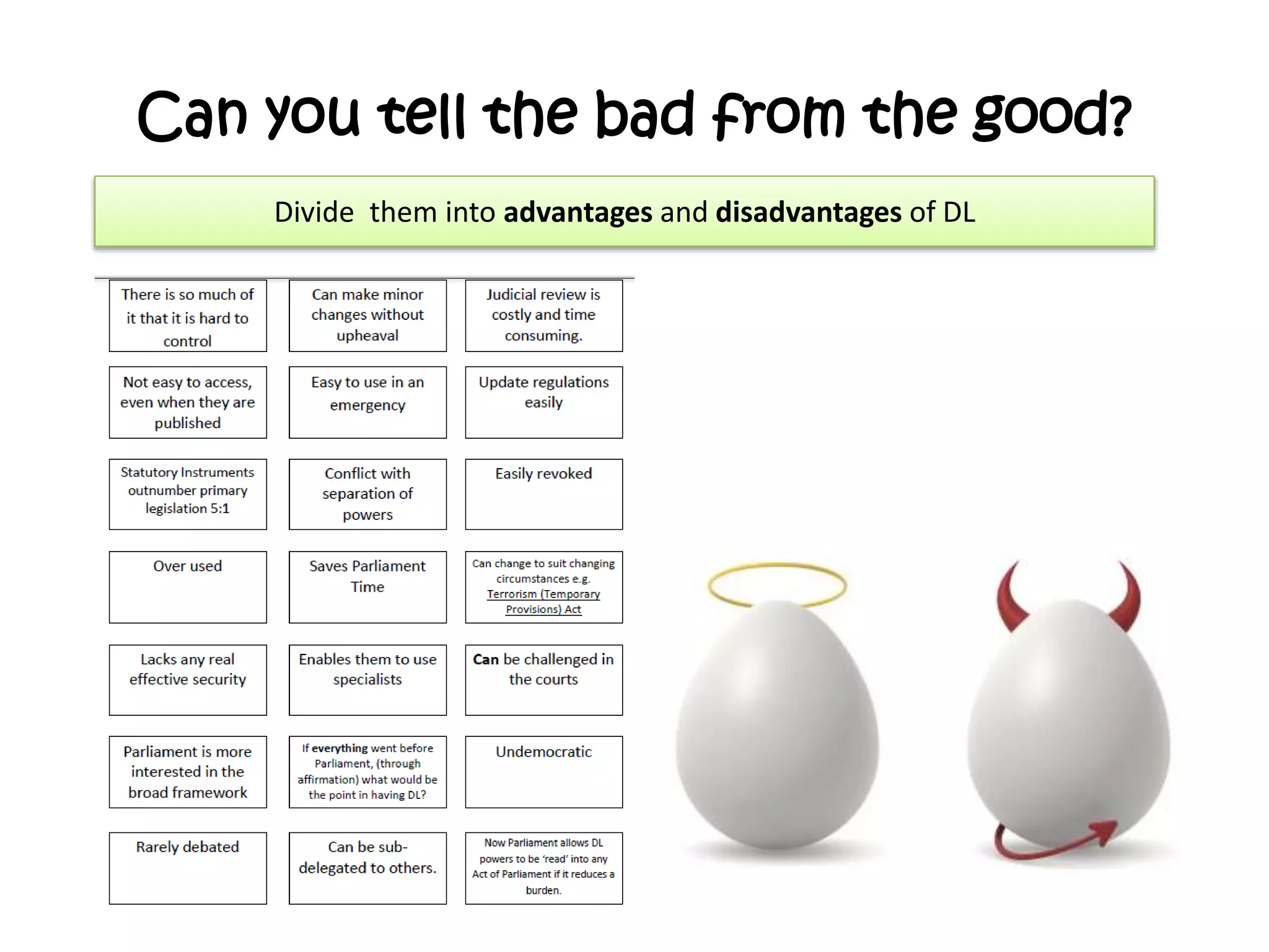 Can you tell the bad from the good?
Divide them into advantages and disadvantages of DL

 