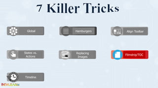 Align Toolbar
States vs.
Actions
Global
Filmstrip/TOC
Replacing
Images
Timeline
Hamburgers
 