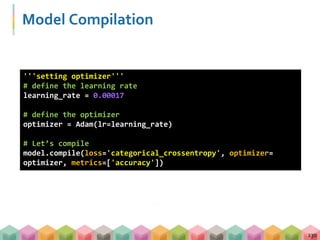 Model Compilation
230
'''setting optimizer'''
# define the learning rate
learning_rate = 0.00017
# define the optimizer
optimizer = Adam(lr=learning_rate)
# Let’s compile
model.compile(loss='categorical_crossentropy', optimizer=
optimizer, metrics=['accuracy'])
 