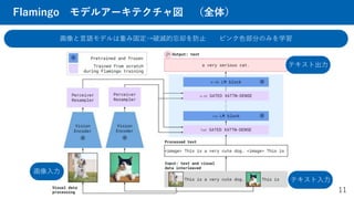 Flamingo モデルアーキテクチャ図 （全体）
11
画像と言語モデルは重み固定→破滅的忘却を防止 ピンク色部分のみを学習
画像入力
テキスト入力
テキスト出力
 