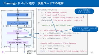 Flamingo ドメイン適応 模擬コードでの理解
17
αは初期値０
学習により変化
アテンション出力 * tanh(α)
+ Residual
 