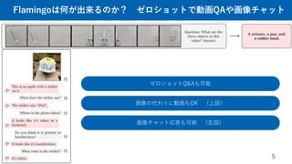 Flamingoは何が出来るのか？ ゼロショットで動画QAや画像チャット
5
画像チャット応答も可能 （左図）
画像の代わりに動画もOK （上図）
ゼロショットQ&Aも可能
 