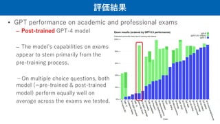 評価結果
• GPT performance on academic and professional exams
– Post-trained GPT-4 model
– The model’s capabilities on exams
appear to stem primarily from the
pre-training process.
－On multiple choice questions, both the base GPT-4 model and the RLHF
model (=pre-trained & post-trained
model) perform equally well on
average across the exams we tested.
14
 