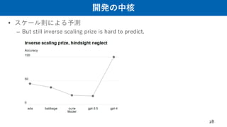 開発の中核
• スケール則による予測
– But still inverse scaling prize is hard to predict.
28
 