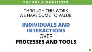 THROUGH THIS WORK
WE HAVE COME TO VALUE:
INDIVIDUALS AND
INTERACTIONS
OVER
PROCESSES AND TOOLS
source: www.agilemanifesto.org
T H E A G I L E M A N I F E S T O
 